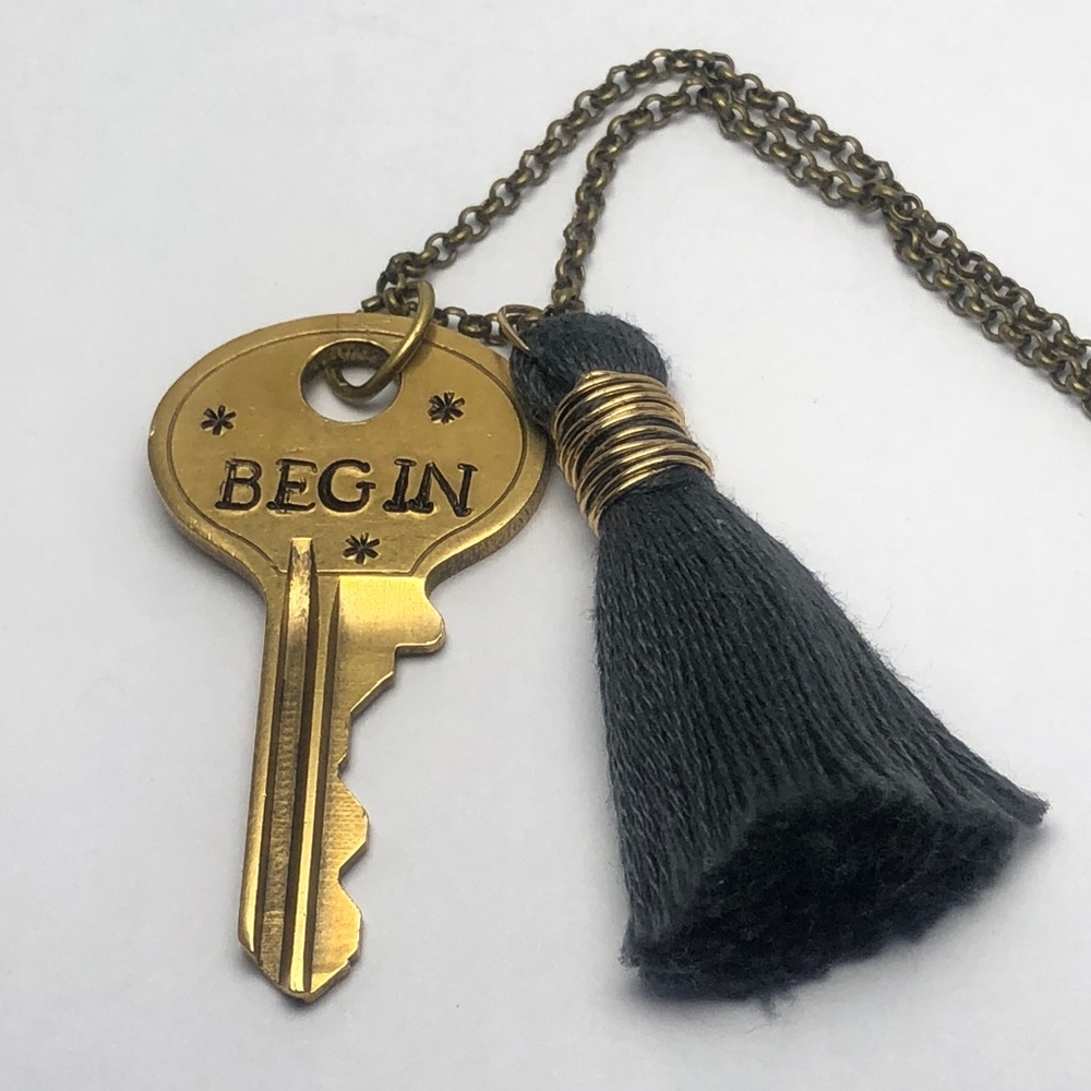 Vintage hand stamped key necklace - BEGIN w/tassel